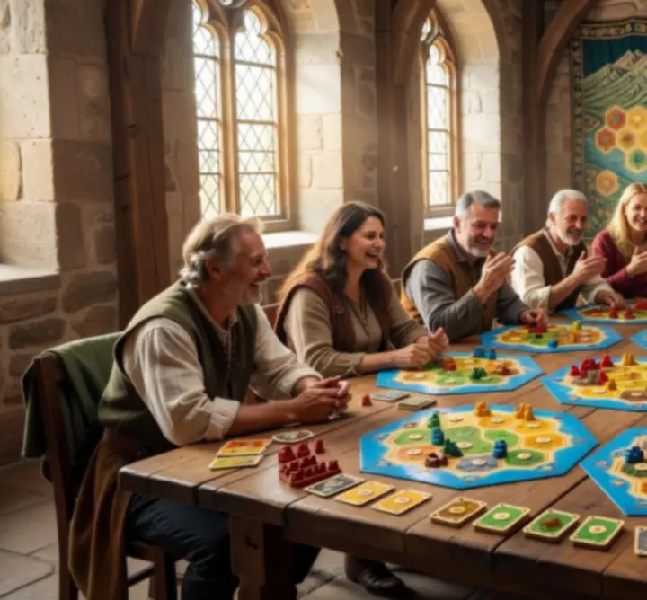 Magyar Catan játékosok közösségi találkozója, asztaloknál játszanak Catan Universe-t