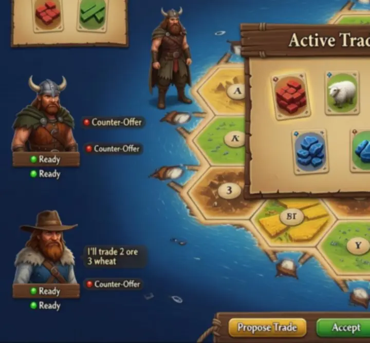 Online Catan Universe kereskedési felület illusztráció, digitális erőforrás ikonokkal