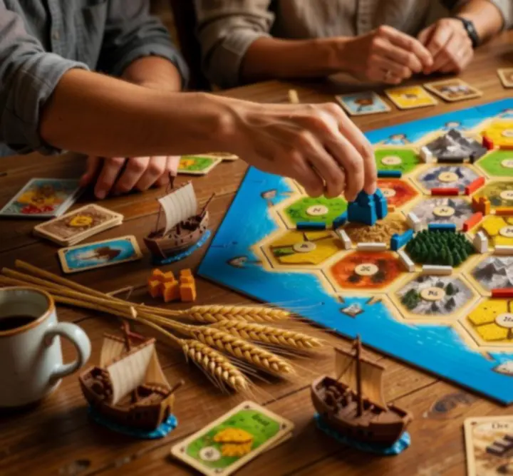 Catan társasjáték asztalon, díszített szigettel és tematikus kiegészítőkkel