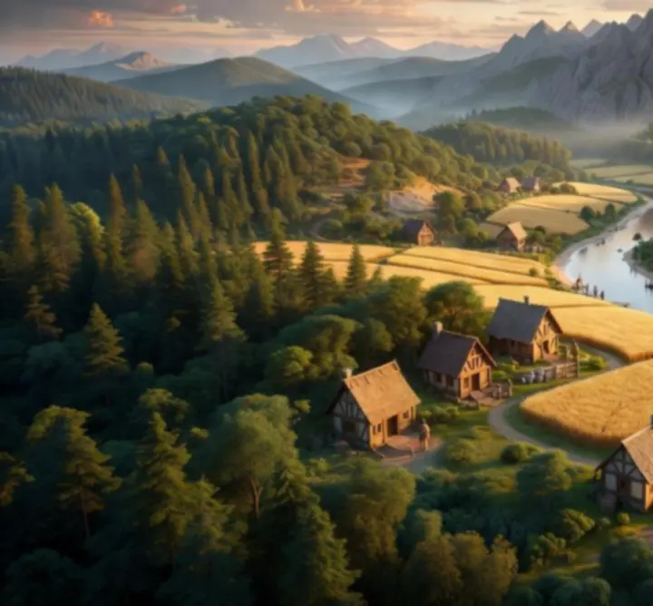 Catan szigetének illusztrációja tengerrel, hegyekkel és településekkel