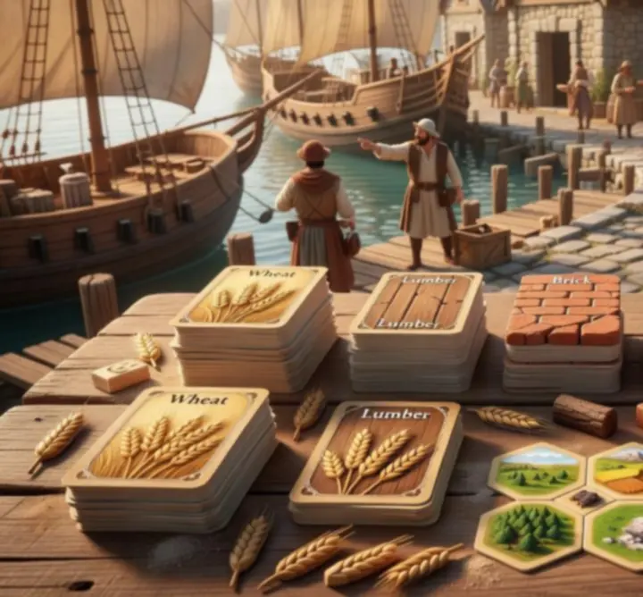 Catan erőforrás piac illusztráció, különböző nyersanyagkártyákkal és kereskedési arányokkal