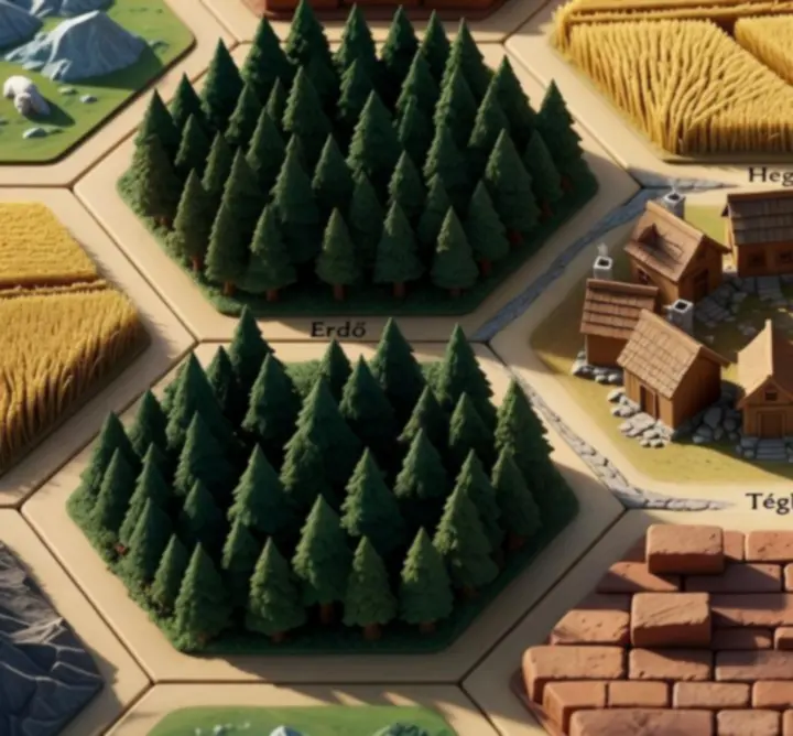 Catan mezők és számjelölők áttekintése, települési csúcsokkal kiemelve
