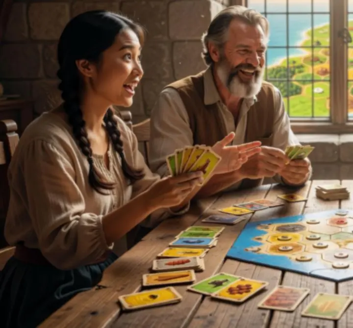 Catan kereskedés az asztalon, játékosok kártyákat cserélnek egy faasztalon