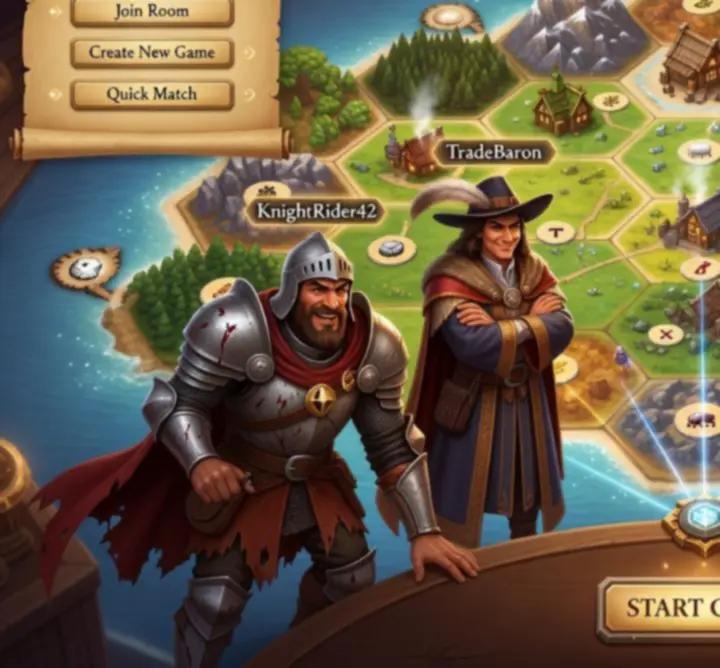 Catan Universe multiplayer lobby nézete, elérhető játékok listájával