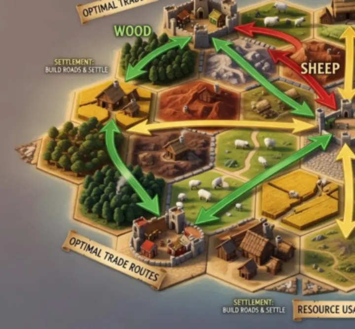 Infografika a Catan erőforrásokról: fa, tégla, búza, gyapjú, érc