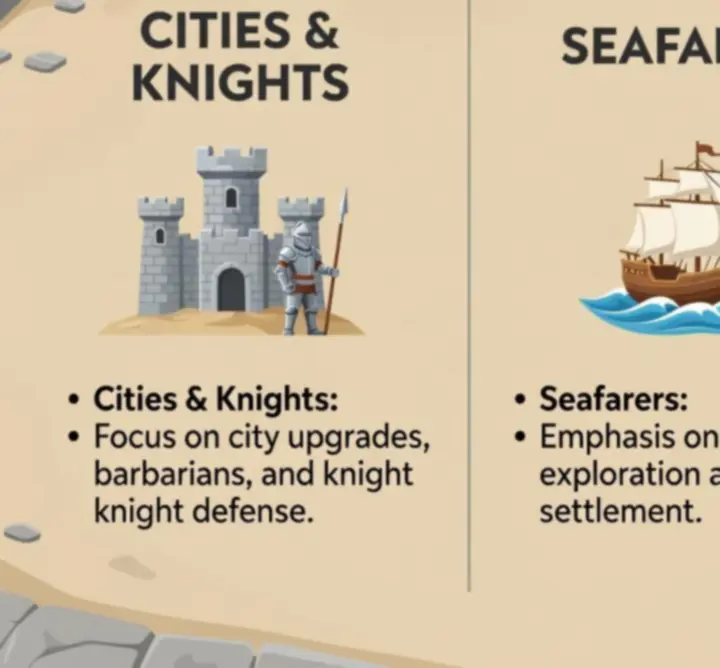 Infografika a fő Catan bővítmények összehasonlításáról