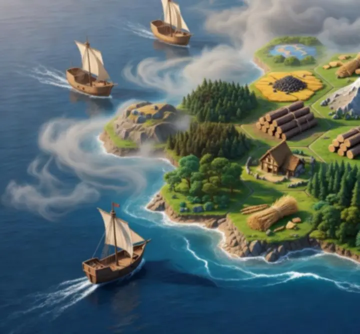 Catan szigetvilágot felfedező hajók és rejtett hexák illusztrációja