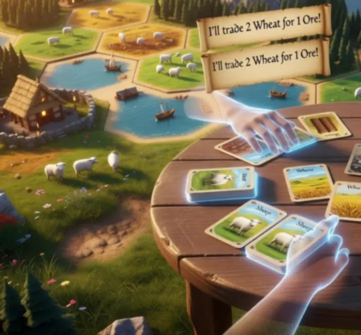 Játékosok online nyersanyagokat cserélnek egy Catan multiplayer kereskedési felületen