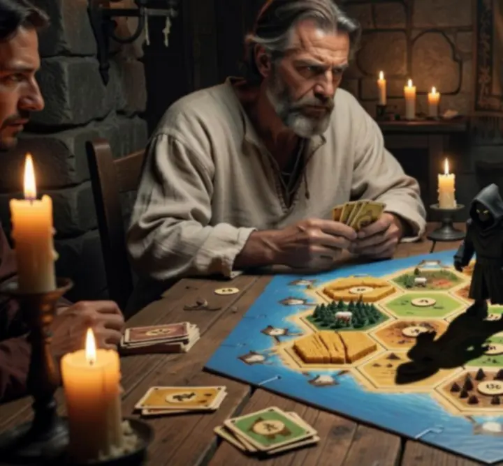 Rablófigura Catan táblán stratégiailag fontos mezők blokkolásával