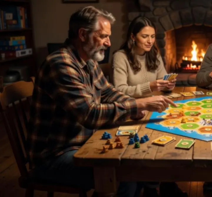 Többjátékos Catan meccs, különböző színű telepesekkel egy szigeten